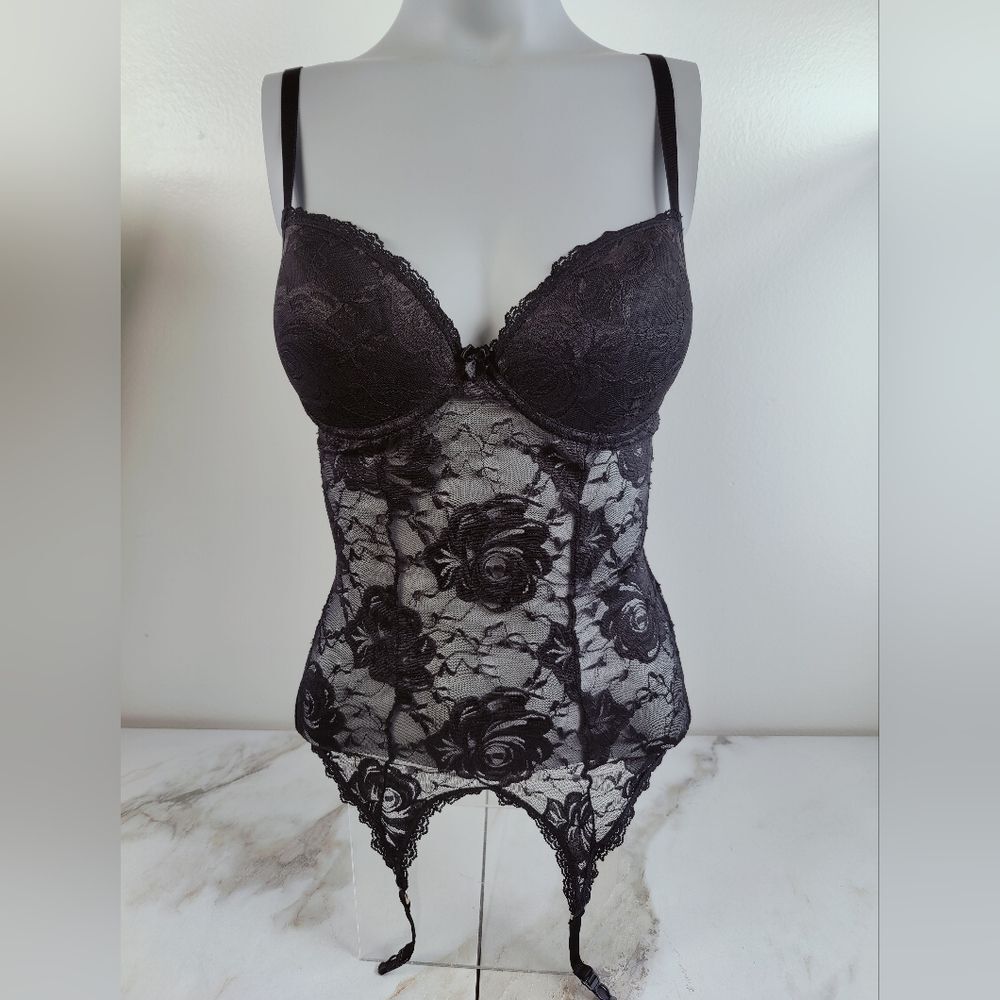Collection Escante Black Lace Corset Push Up Bra w Garters, Sz M/L